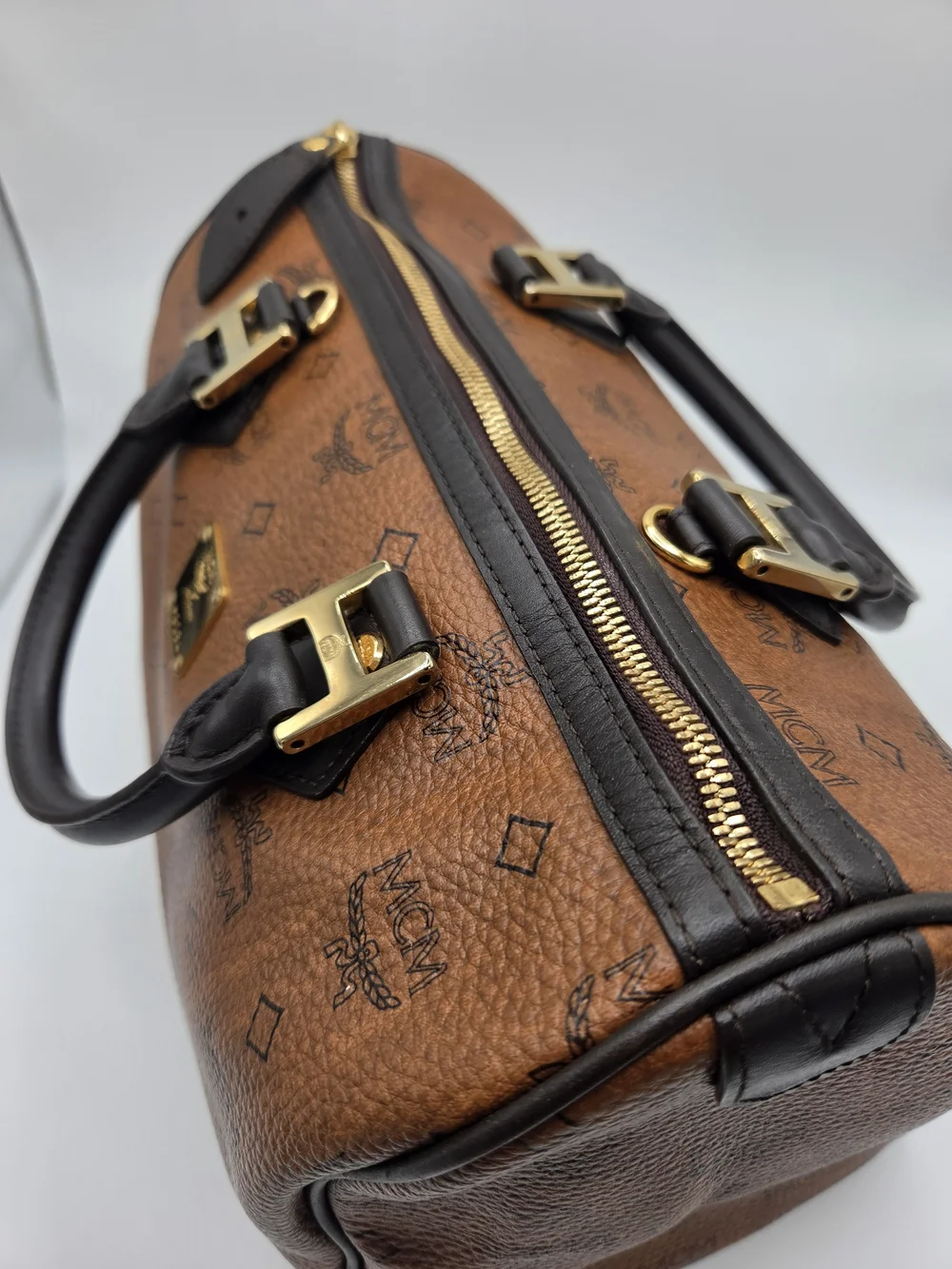 Authentic MCM Cognac Visetos Boston Bag Satchel with Black Handles